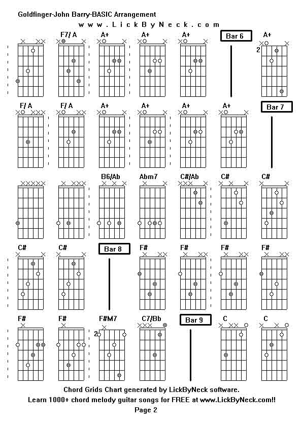 Chord Grids Chart of chord melody fingerstyle guitar song-Goldfinger-John Barry-BASIC Arrangement,generated by LickByNeck software.